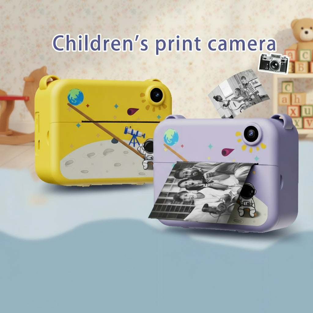 Two children's print cameras, one yellow and one purple, with printed photos on a light blue background.