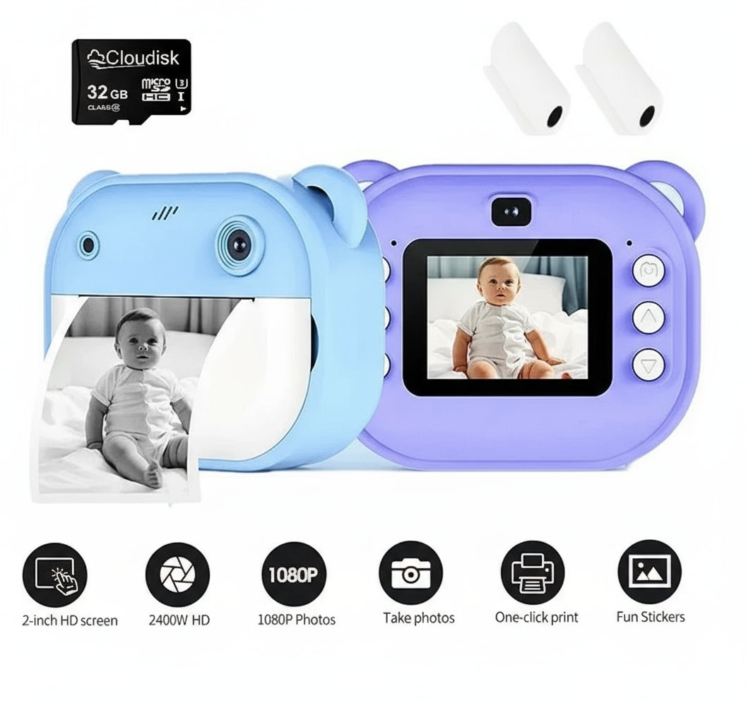 Two children's cameras, a Cloudisk microSD card, and AirPods on a gradient background with 'Choice' branding.