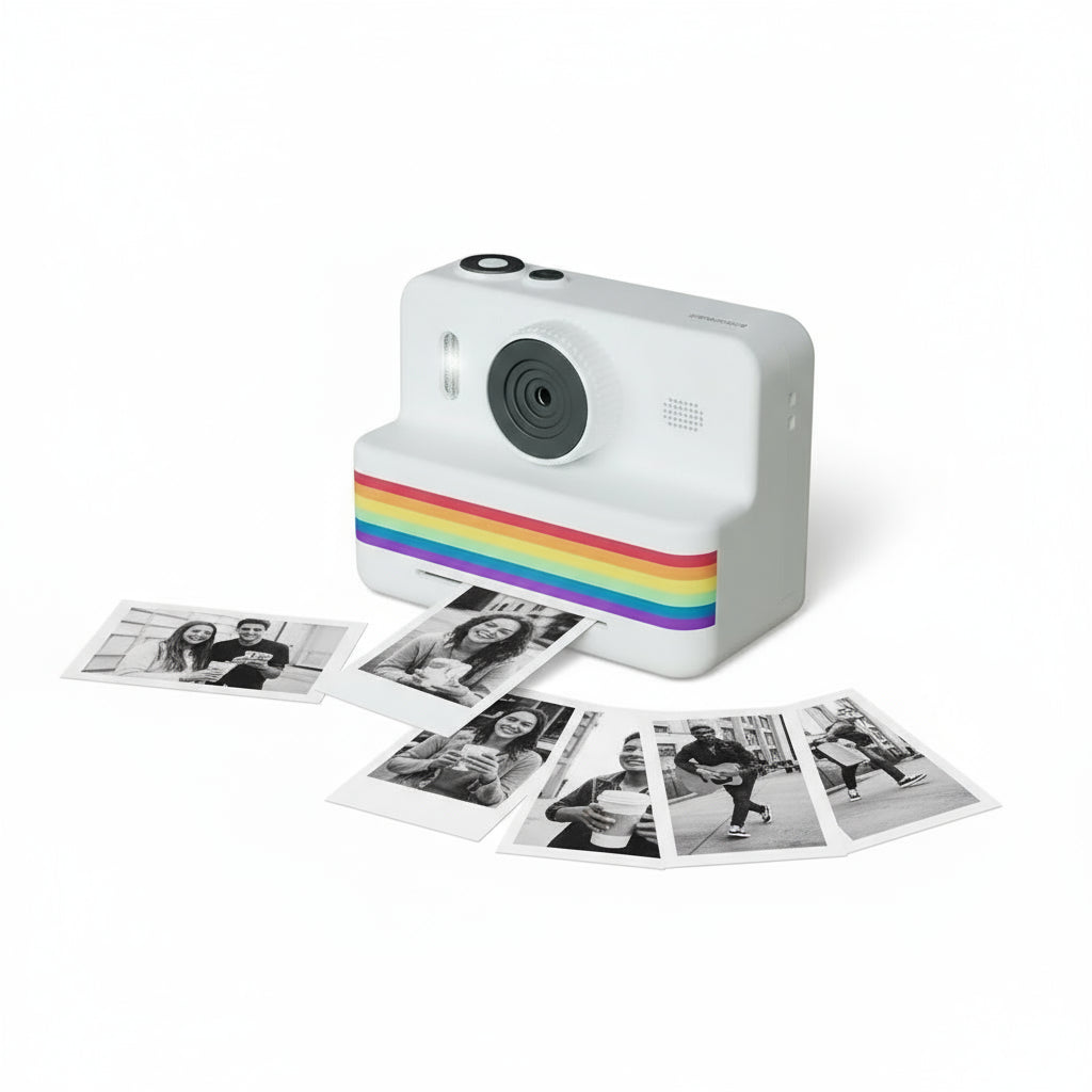  camera with instant prints, lanyard, and accessories on a white background